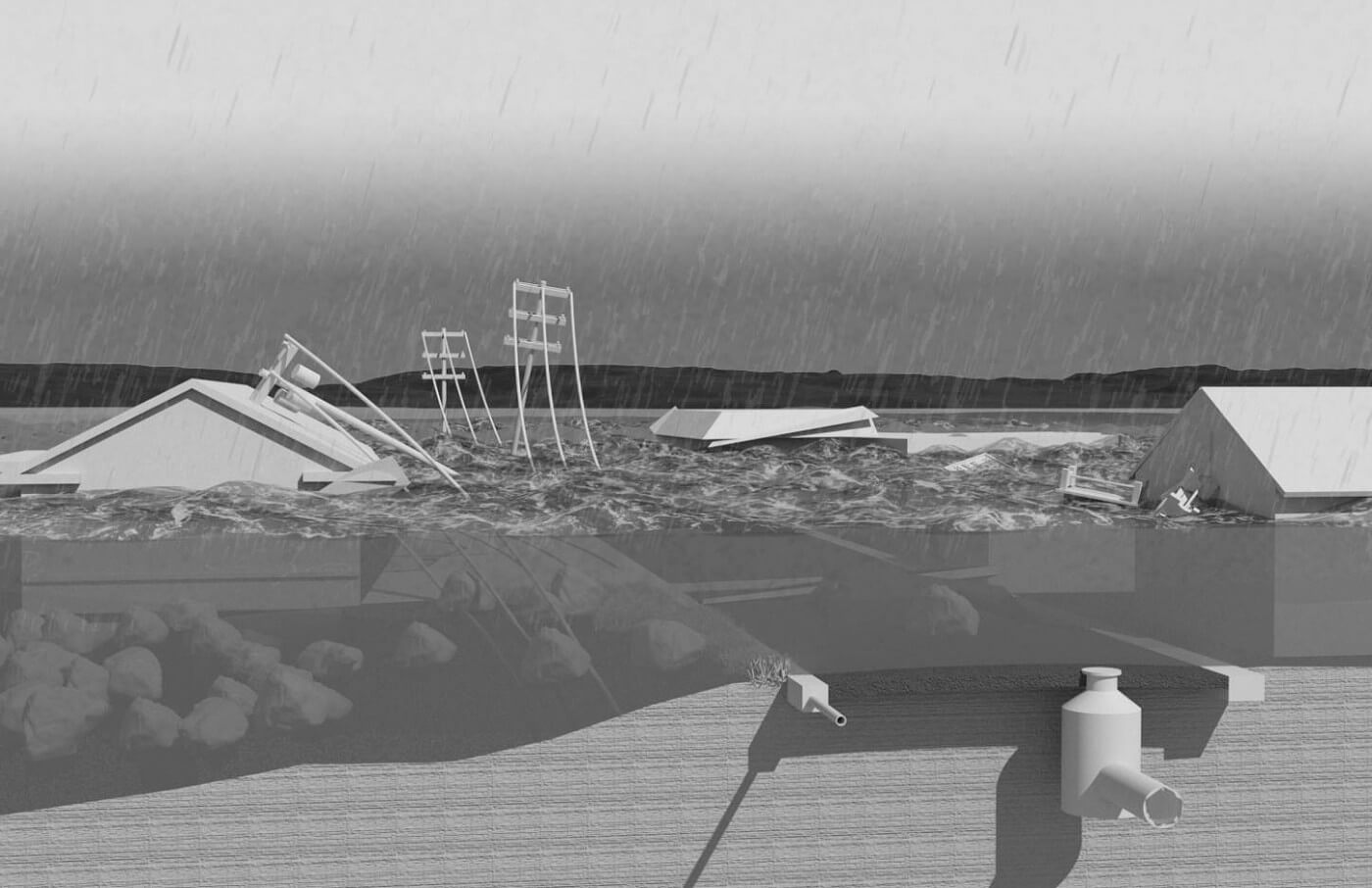 The Essex Causeway after the Great Storm of 2038, Typologies of Vulnerability: The Case of Cape Ann; Harvard GSD Office for Urbanization, 2022.